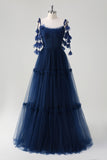 Navy Tie-Strap Tulle Corset Long Prom Dress