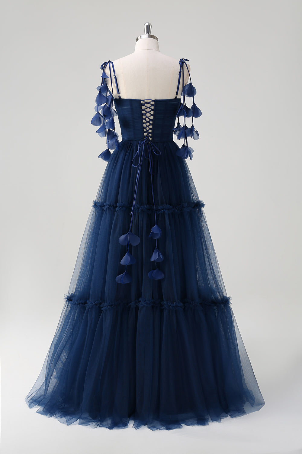 Navy Tie-Strap Tulle Corset Long Prom Dress