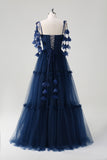 Navy Tie-Strap Tulle Corset Long Prom Dress