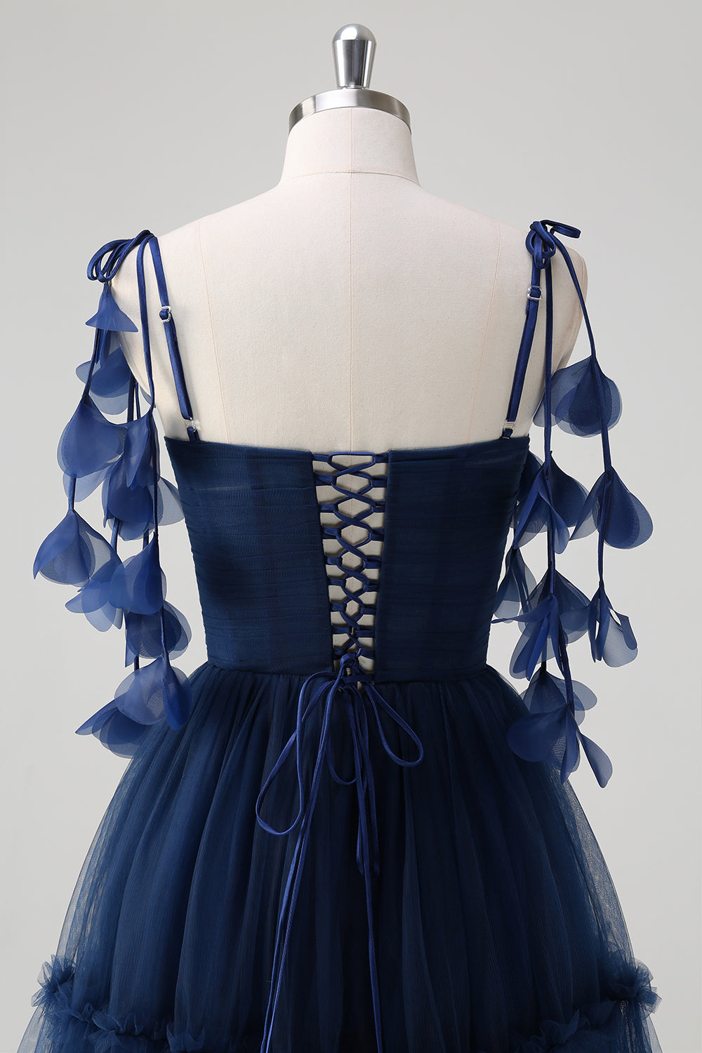 Navy Tie-Strap Tulle Corset Long Prom Dress