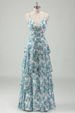 White Blue Floral Spaghetti Straps Long Bridesmaid Dress with Ruffles