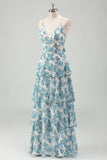 White Blue Floral Spaghetti Straps Long Bridesmaid Dress with Ruffles