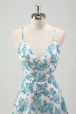 White Blue Floral Spaghetti Straps Long Bridesmaid Dress with Ruffles