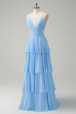 White Blue Floral Spaghetti Straps Long Bridesmaid Dress with Ruffles