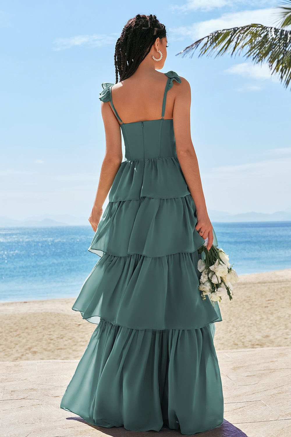 Eucalyptus Corset Tiered Long Bridesmaid Dress with Slit