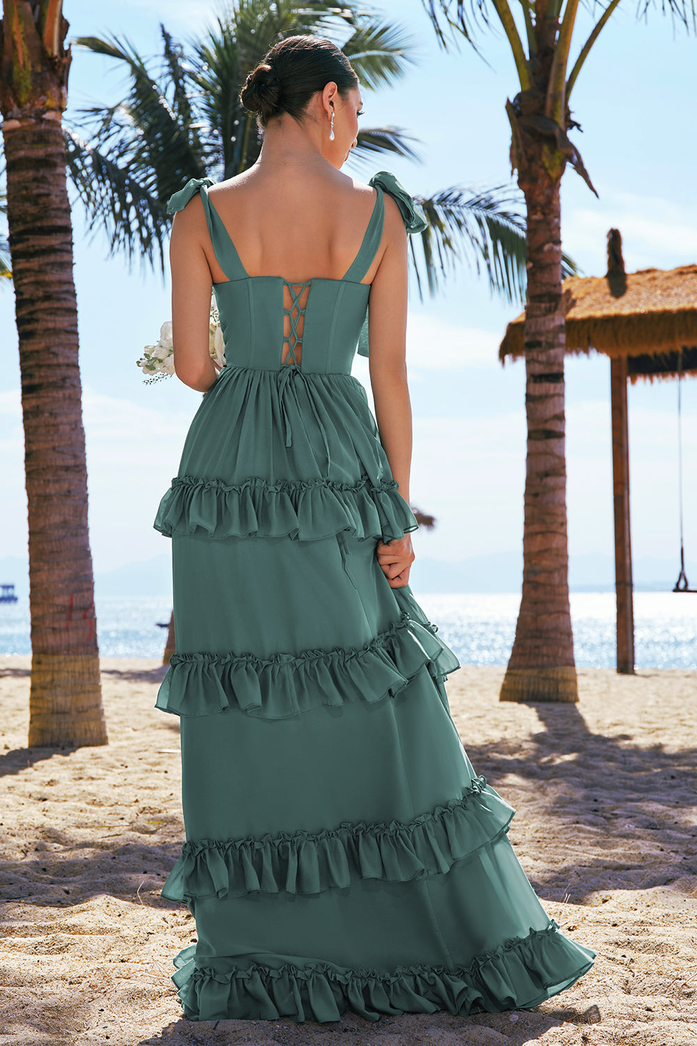 Eucalyptus Tie-Strap Tiered Corset Long Prom Dress with Slit