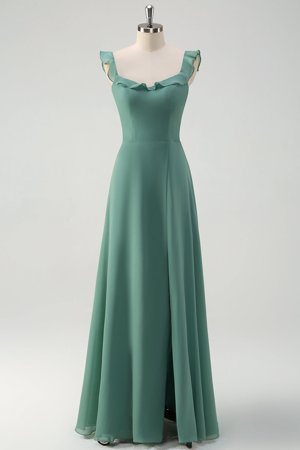 A-Line Eucalyptus Chiffon Long Bridesmaid Dress with Slit