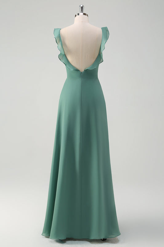 A-Line Eucalyptus Chiffon Long Bridesmaid Dress with Slit