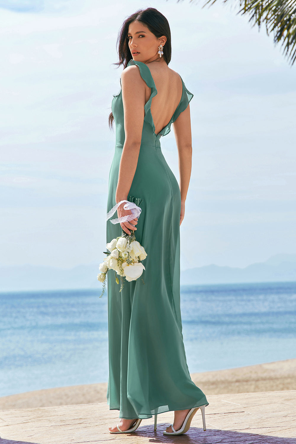 A-Line Eucalyptus Chiffon Long Bridesmaid Dress with Slit