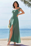 Eucalyptus A-Line Spaghetti Straps Chiffon Bridesmaid Dress with Slit