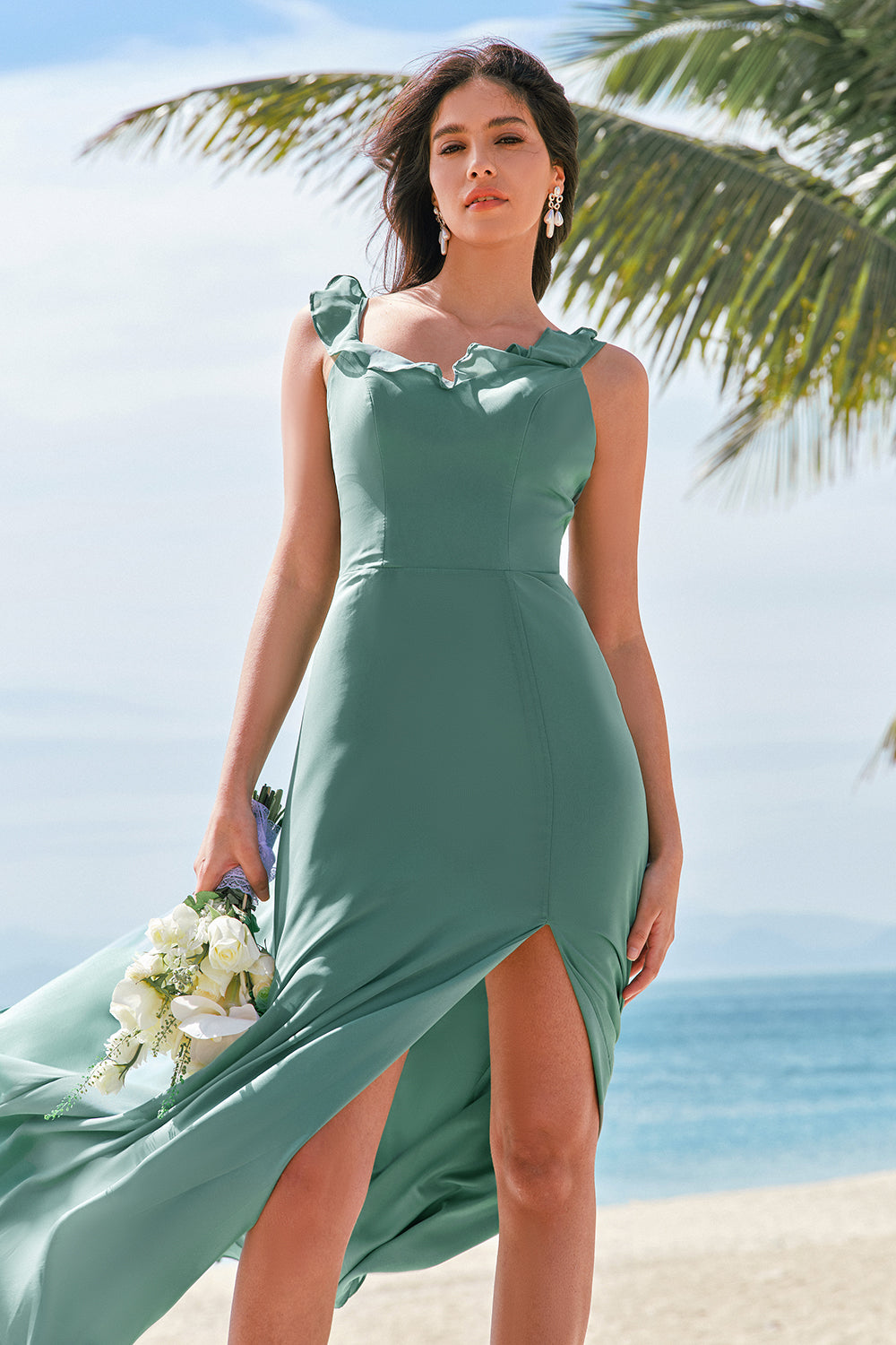 Eucalyptus A-Line Spaghetti Straps Chiffon Bridesmaid Dress with Slit