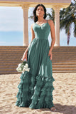 Eucalyptus A-Line Tiered Spaghetti Straps Corset Long Prom Dress with Slit