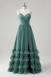 Eucalyptus A-Line Corset Ruched Chiffon Long Bridesmaid Dress with Slit