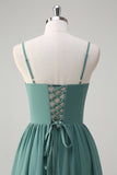 Eucalyptus A-Line Tiered Spaghetti Straps Corset Long Prom Dress with Slit