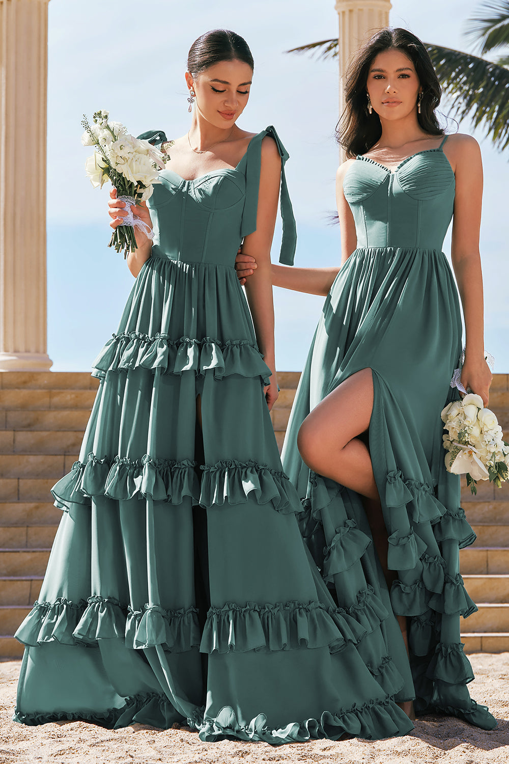 Eucalyptus A-Line Corset Ruched Chiffon Long Bridesmaid Dress with Slit