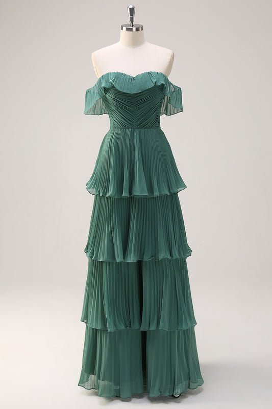 Eucalyptus Pleated Tiered Off The Shoulder Long Bridesmaid Dress