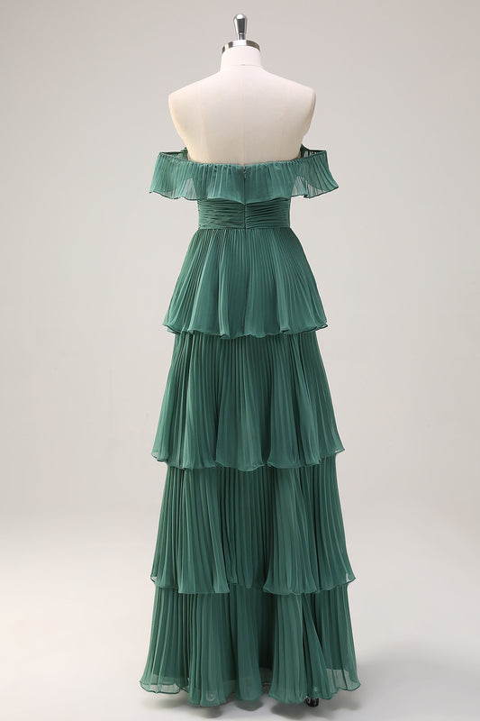 Eucalyptus Pleated Tiered Off The Shoulder Long Bridesmaid Dress