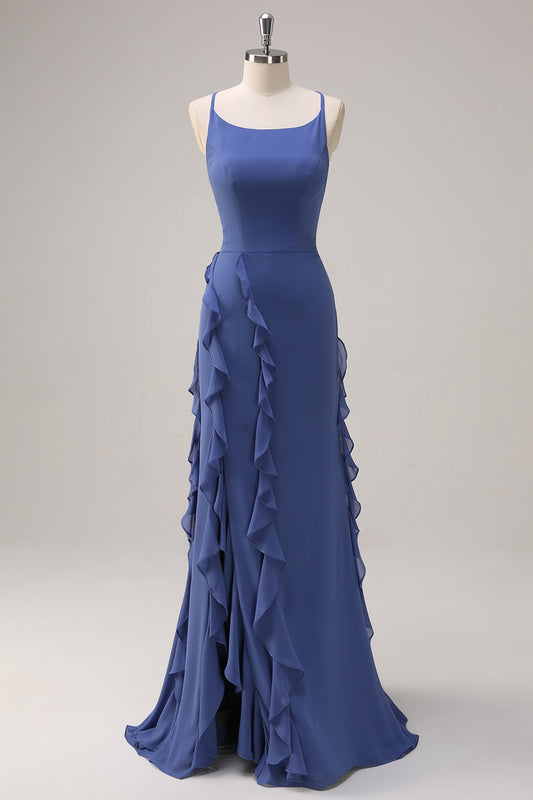 Dark Blue Spaghetti Straps Ruffled Mermaid Bridesmaid Dress with Slit