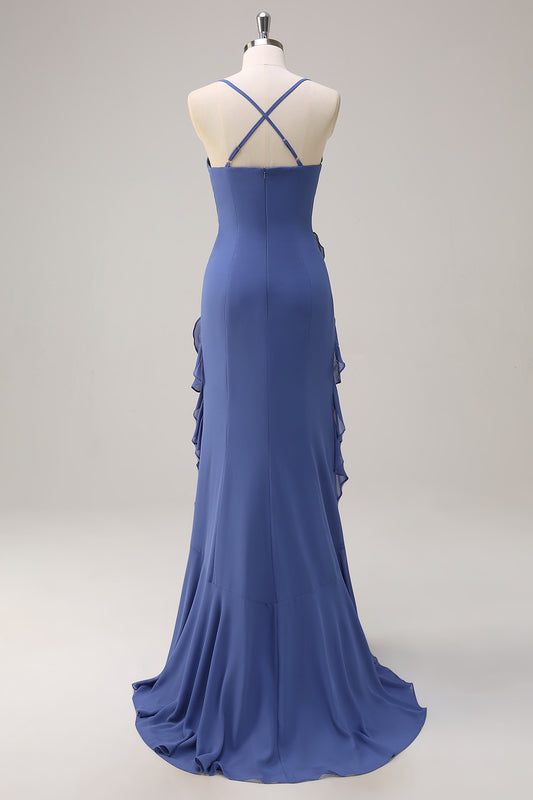 Dark Blue Spaghetti Straps Ruffled Mermaid Bridesmaid Dress with Slit