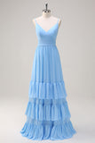 Blue Spaghetti Straps Tiered A-Line Bridesmaid Dress