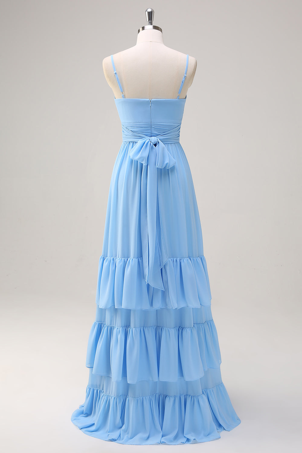 Blue Spaghetti Straps Tiered A-Line Bridesmaid Dress