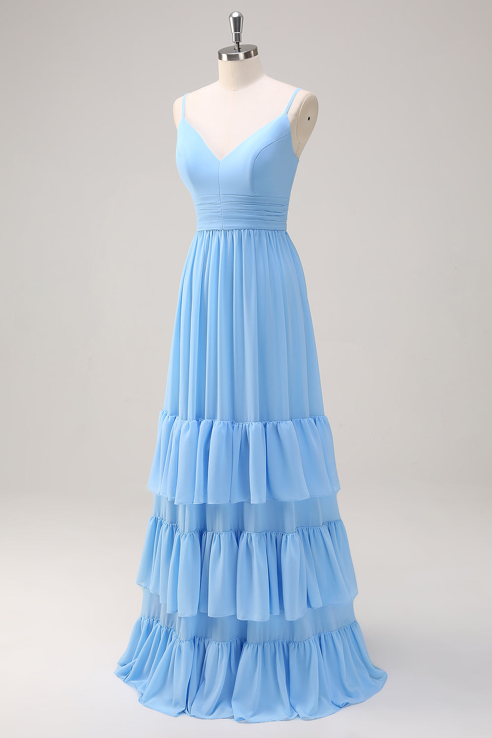 Blue Spaghetti Straps Tiered A-Line Bridesmaid Dress