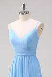 Blue Spaghetti Straps Tiered A-Line Bridesmaid Dress