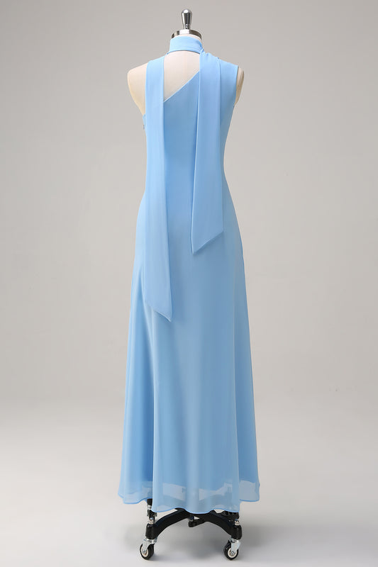 Blue Sheath One Shoulder Chiffon Long Bridesmaid Dress