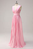 Pink A-Line Pleated V-Neck Satin Long Bridesmaid Dress