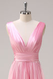 Pink A-Line Pleated V-Neck Satin Long Bridesmaid Dress