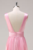 Pink A-Line Pleated V-Neck Satin Long Bridesmaid Dress