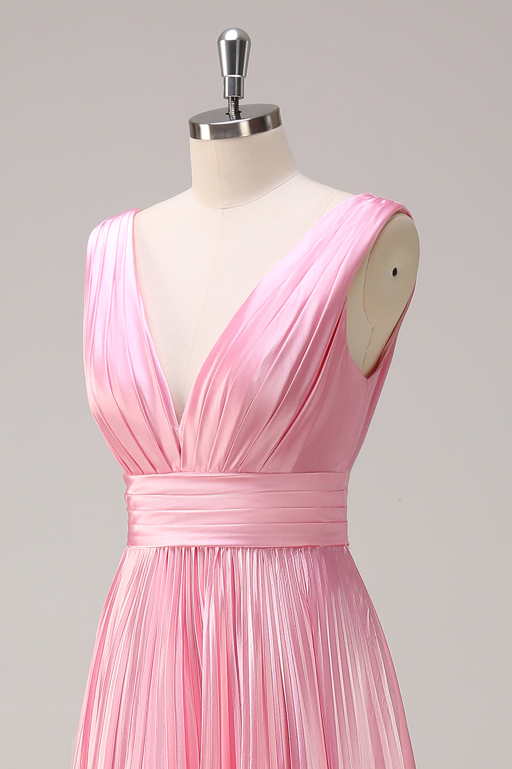 Pink A-Line Pleated V-Neck Satin Long Bridesmaid Dress