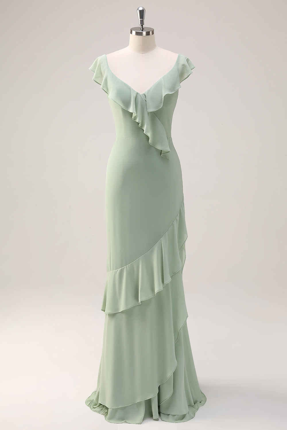 Dusty Sage Sheath Ruffled Chiffon Long Bridesmaid Dress