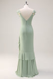 Dusty Sage Sheath Ruffled Chiffon Long Bridesmaid Dress