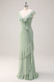 Dusty Sage Sheath Ruffled Chiffon Long Bridesmaid Dress