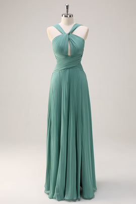 Eucalyptus A-Line Pleated Hollow Out Long Bridesmaid Dress