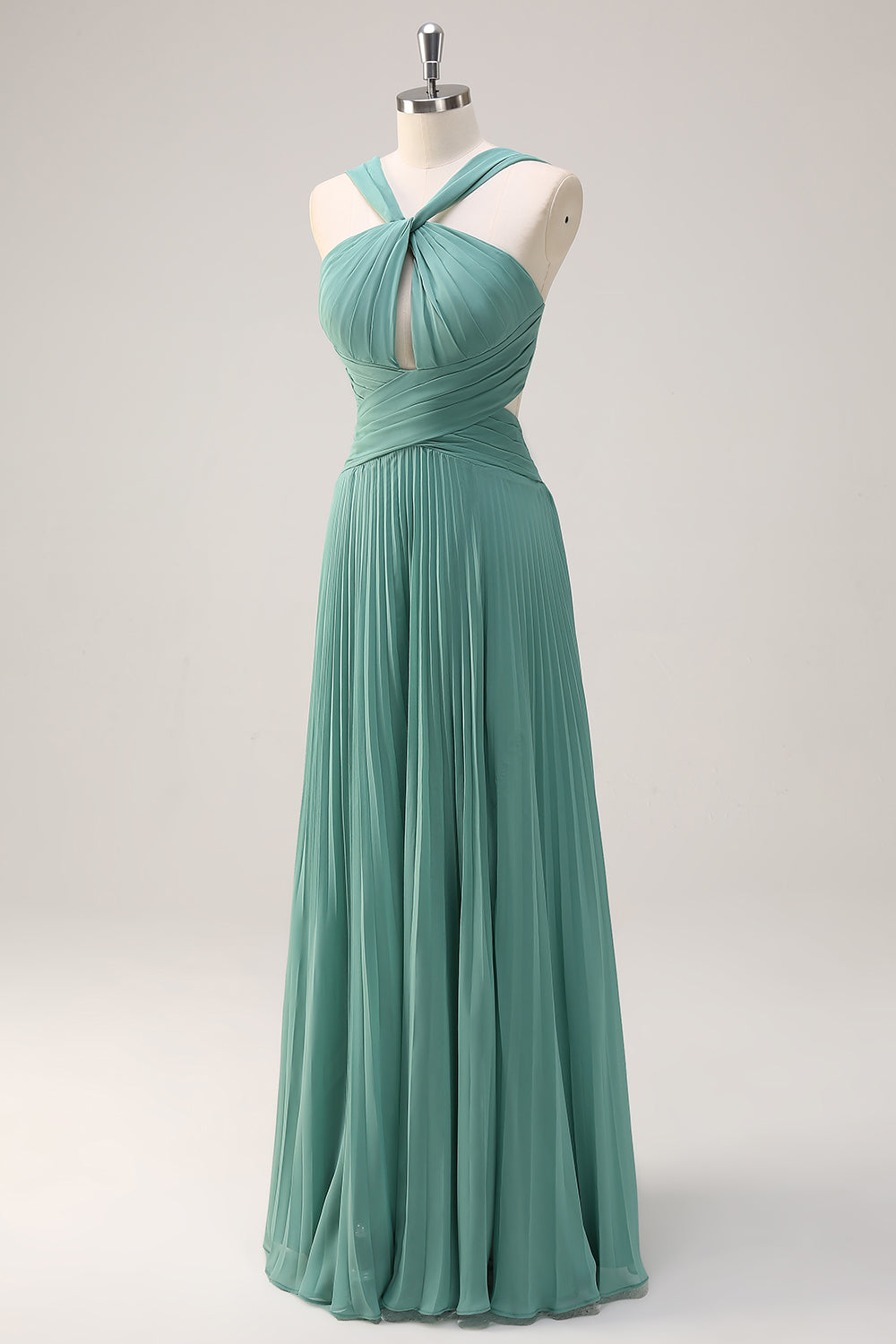 Eucalyptus A-Line Pleated Hollow Out Long Bridesmaid Dress