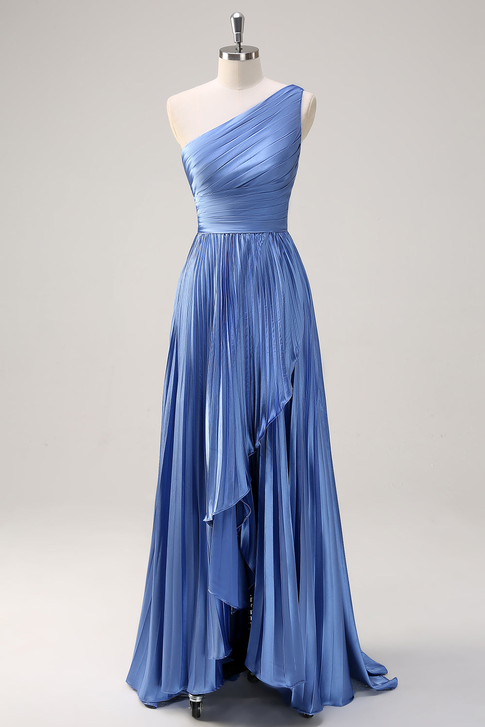 Sparkly Blue High-Low Pleated One Shoulder Satin Long Bridesmaid Dress