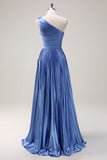 Sparkly Blue High-Low Pleated One Shoulder Satin Long Bridesmaid Dress