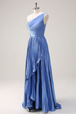 Sparkly Blue High-Low Pleated One Shoulder Satin Long Bridesmaid Dress