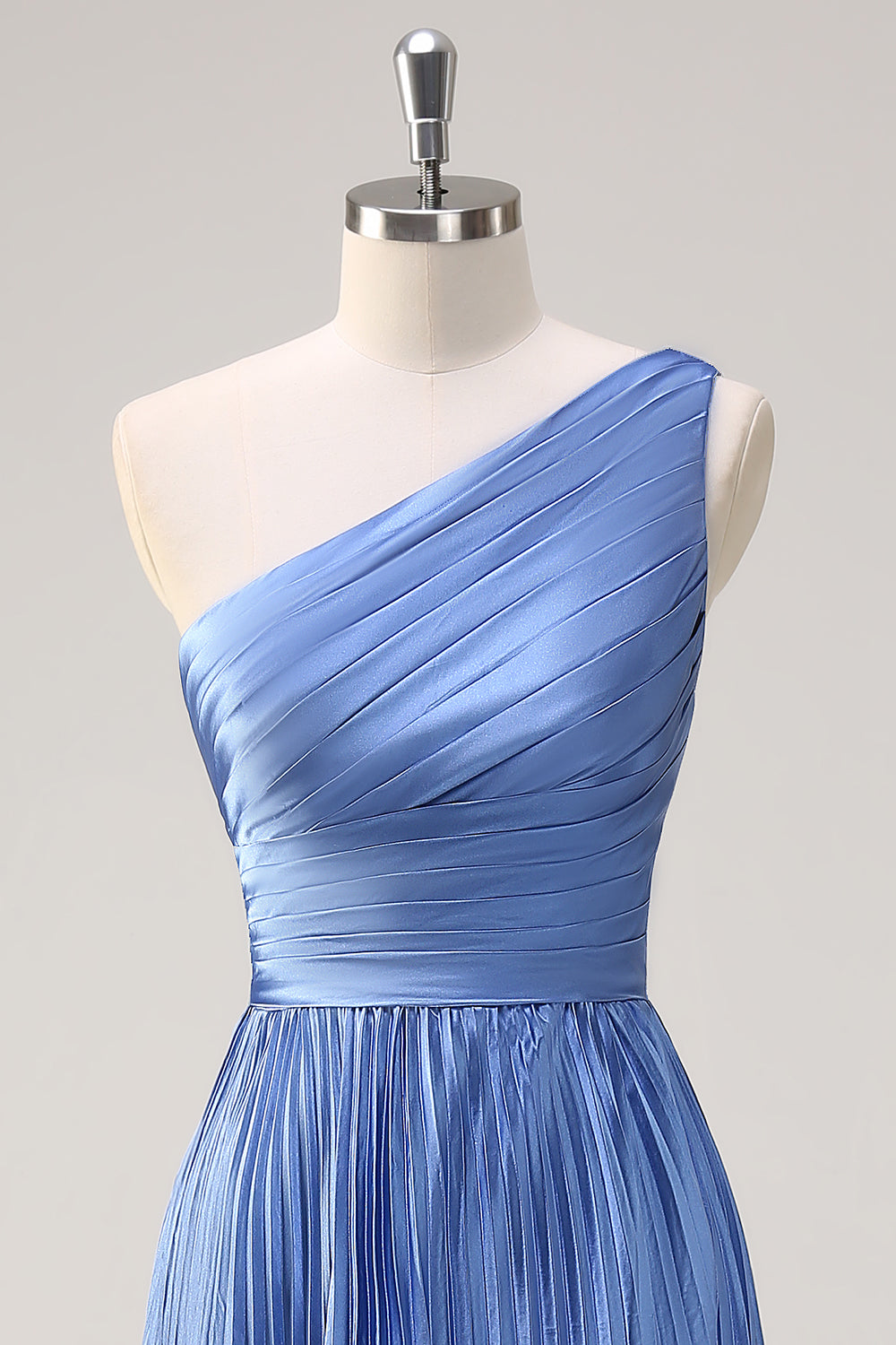 Sparkly Blue High-Low Pleated One Shoulder Satin Long Bridesmaid Dress