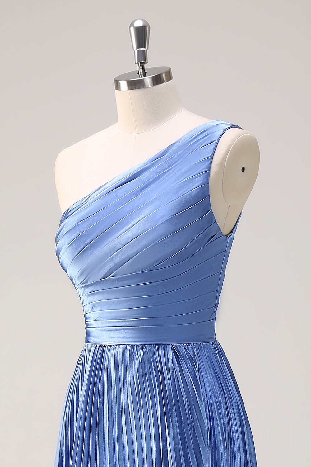 Sparkly Blue High-Low Pleated One Shoulder Satin Long Bridesmaid Dress