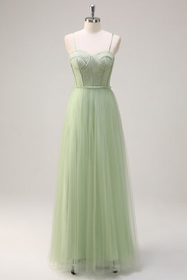 Sage Pleated Spaghetti Straps Tulle A-Line Bridesmaid Dress