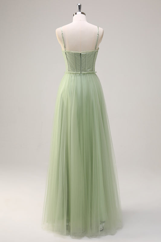 Sage Pleated Spaghetti Straps Tulle A-Line Bridesmaid Dress