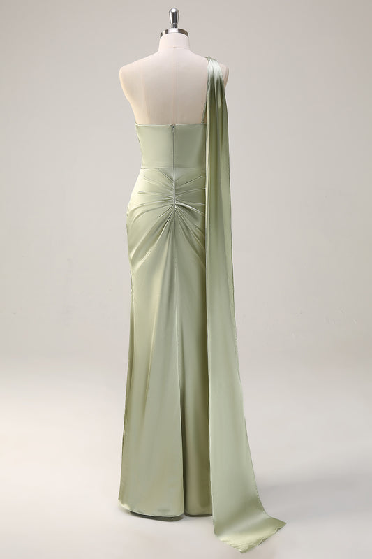 Sage Sheath One Shoulder Satin Long Bridesmaid Dress with Slit