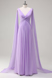 Elegant Lilac Chiffon A-Line Gown with Flowing Cape Sleeves