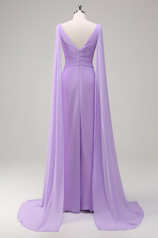 Elegant Lilac Chiffon A-Line Gown with Flowing Cape Sleeves