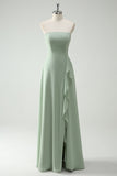 Dusty Sage Strapless A-Line Long Bridesmaid Dress With Slit