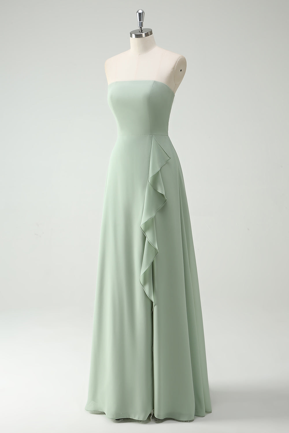 Dusty Sage Strapless A-Line Long Bridesmaid Dress With Slit