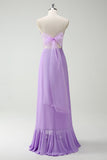 Simple Purple Strapless Chiffon Long Bridesmaid Dress With Slit